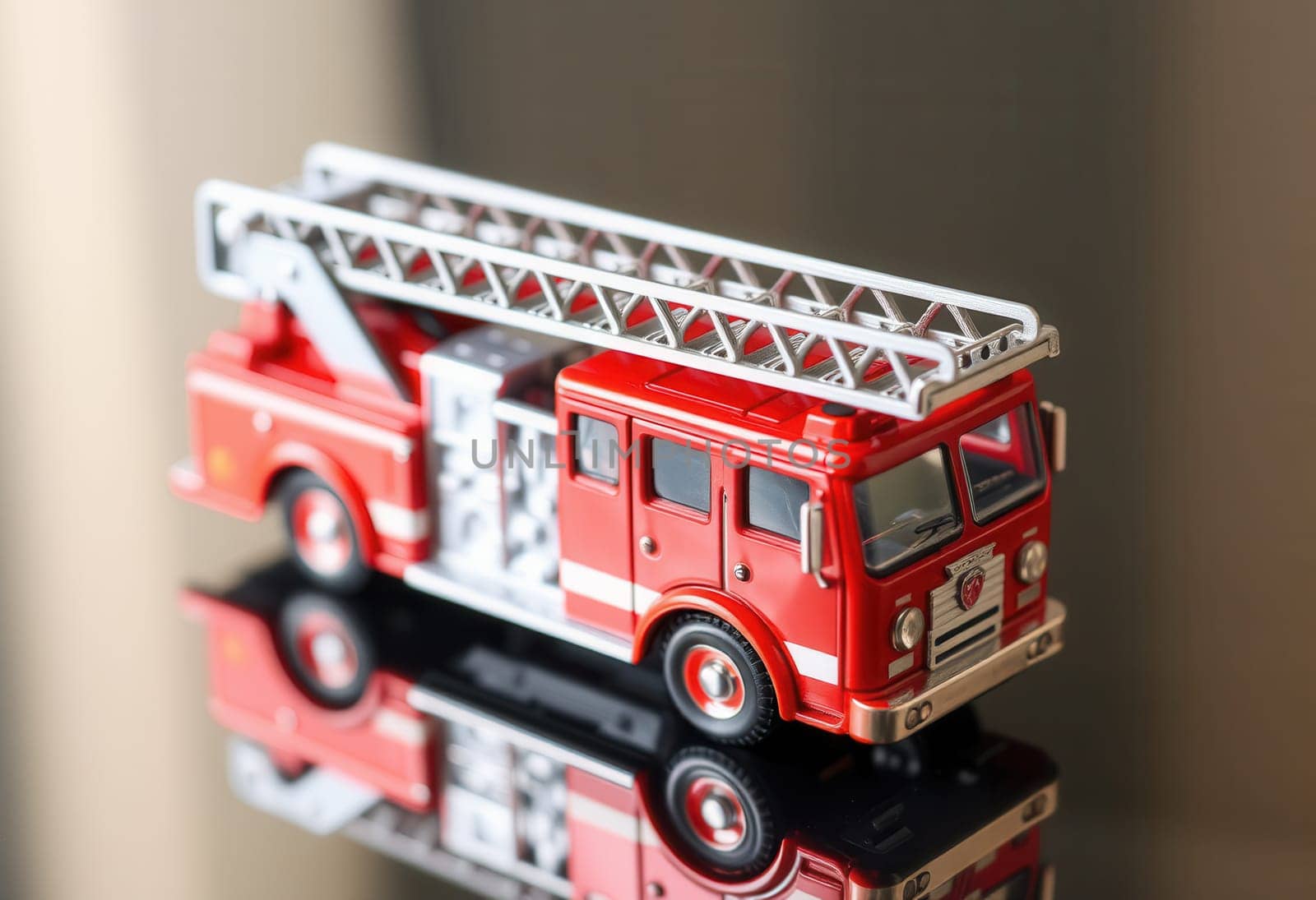 Toy small red fire truck close up