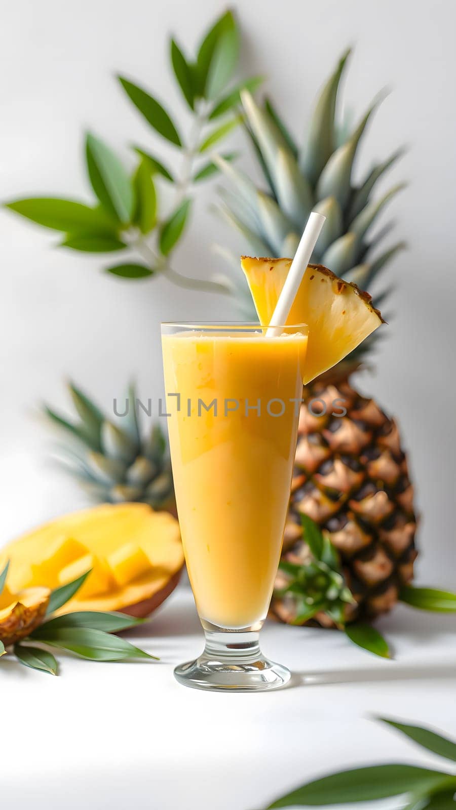 Pineapple smoothie in a glass with a straw on a white background