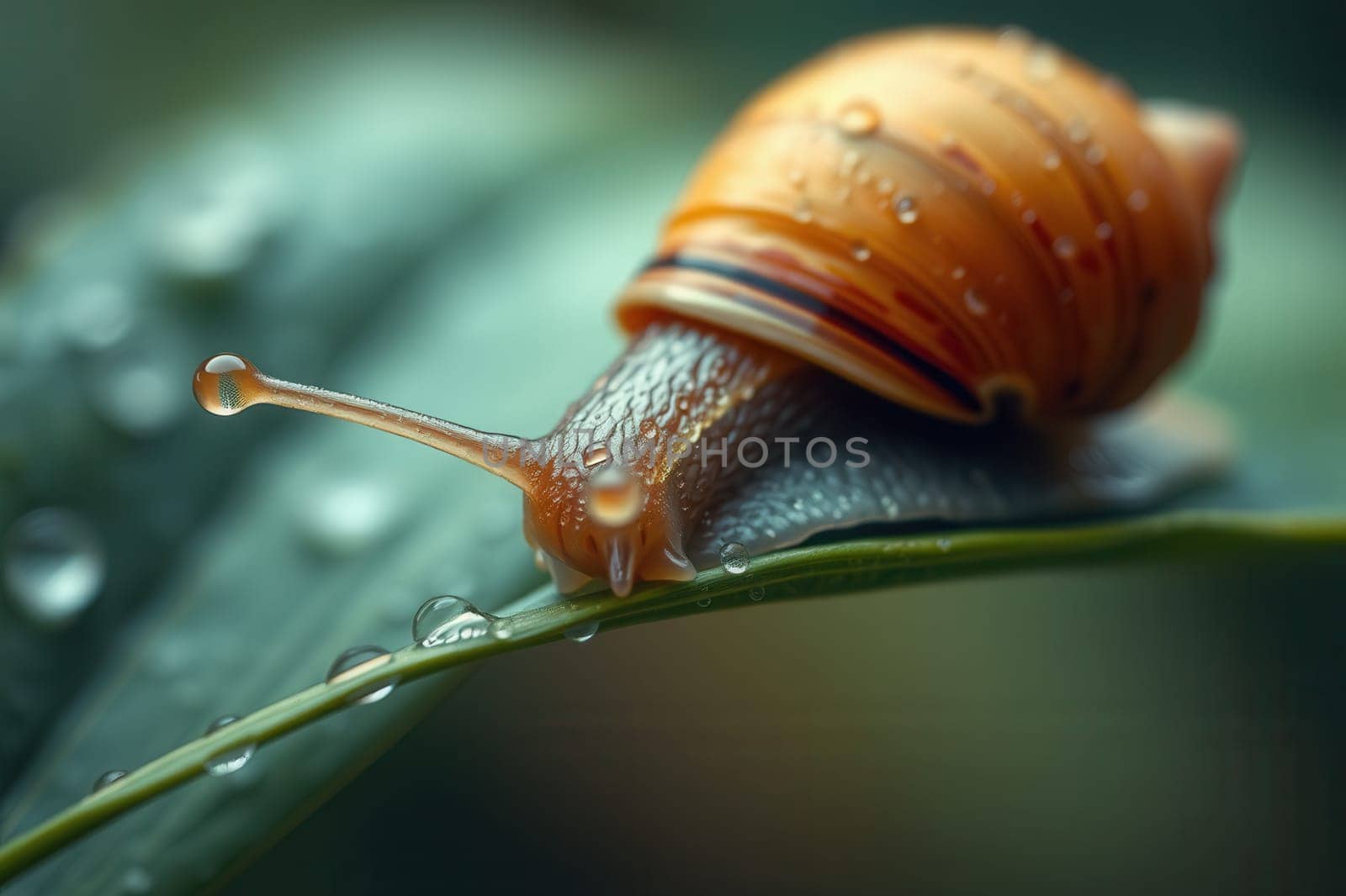A snail crawls on a green leaf with raindrops in the background