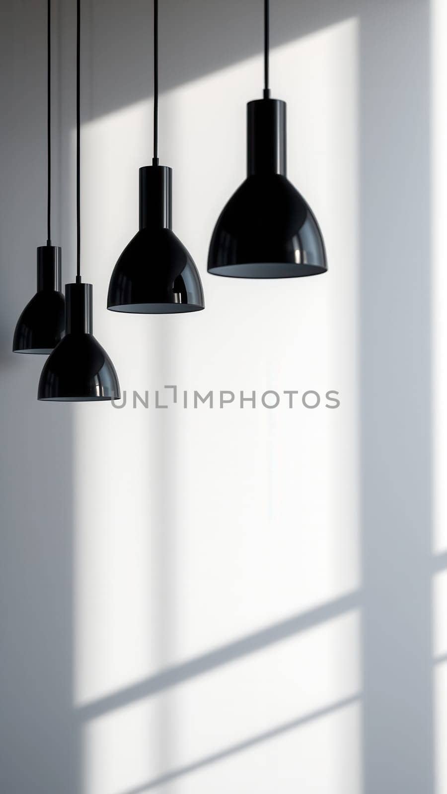 Modern black pendant lights against a white wall backdrop