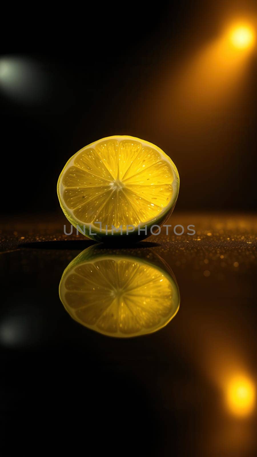 Half a lime on a polished black surface with reflection