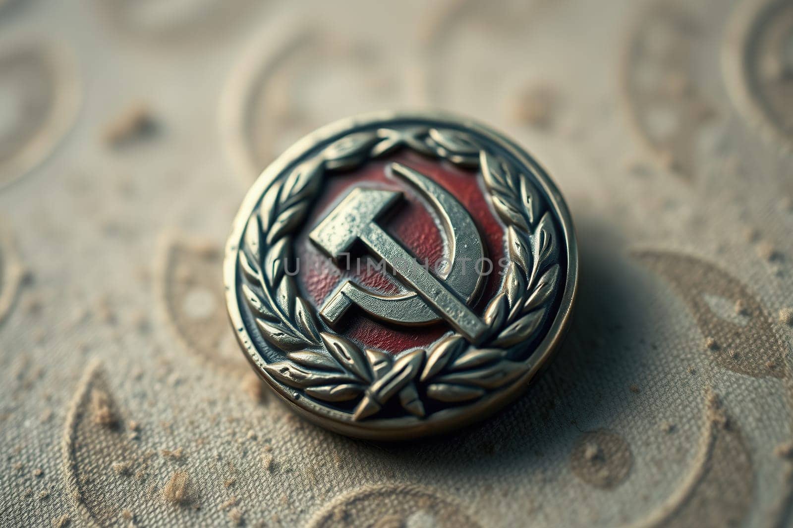 Vintage badge with the coat of arms of the Soviet Union close-up