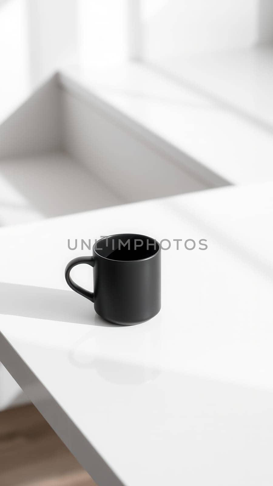 Black cup on a white table. Minimalist style