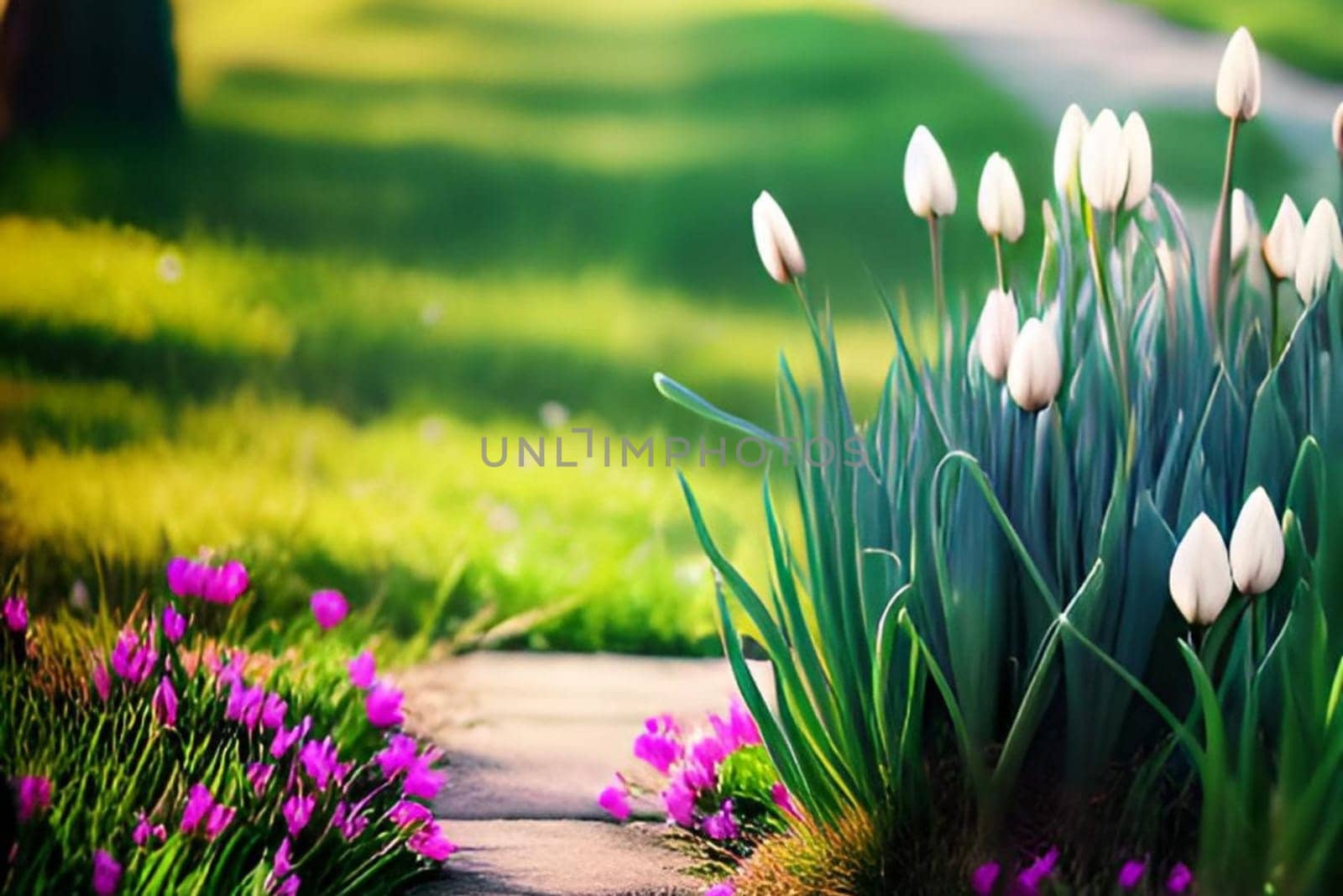 spring flowers trees beautiful park green nature bright colors pink flora alt illustration card season march. High quality 3d illustration generation ai alt
