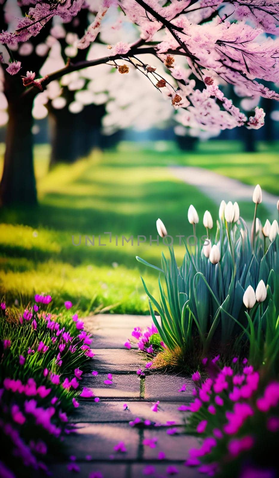 spring flowers trees beautiful park green nature bright colors pink flora alt illustration card season march. High quality 3d illustration generation ai alt