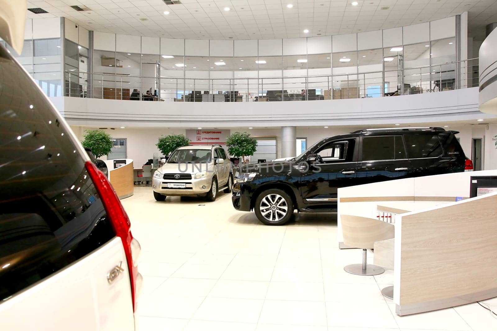 Kazan, Russia - November 25, 2022: Cars in showroom of dealership Toyota in Kazan in Russia