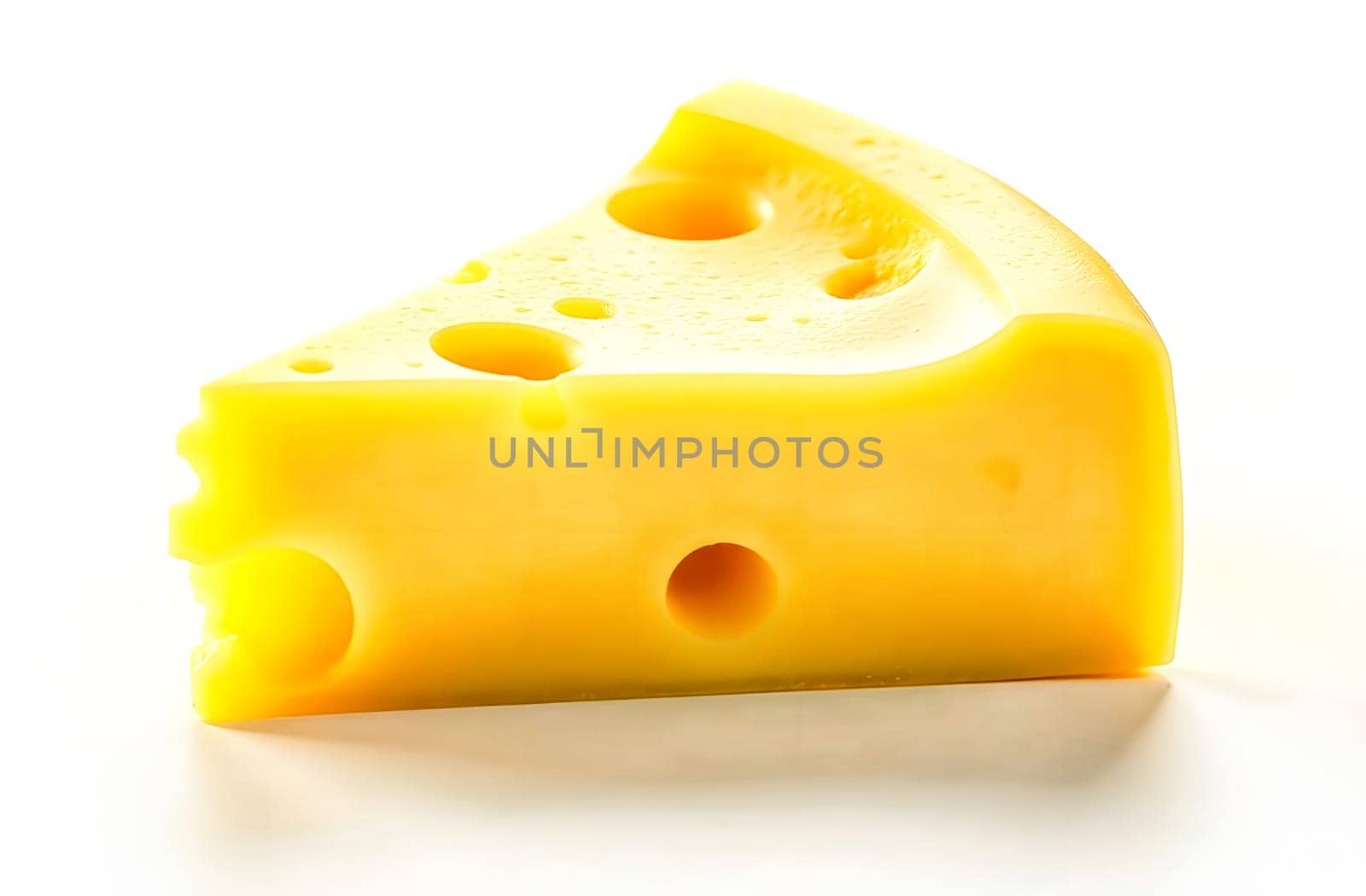 Bright yellow cheese slice showcases characteristic holes, perfect for adding flavor to various dishes and snacks.