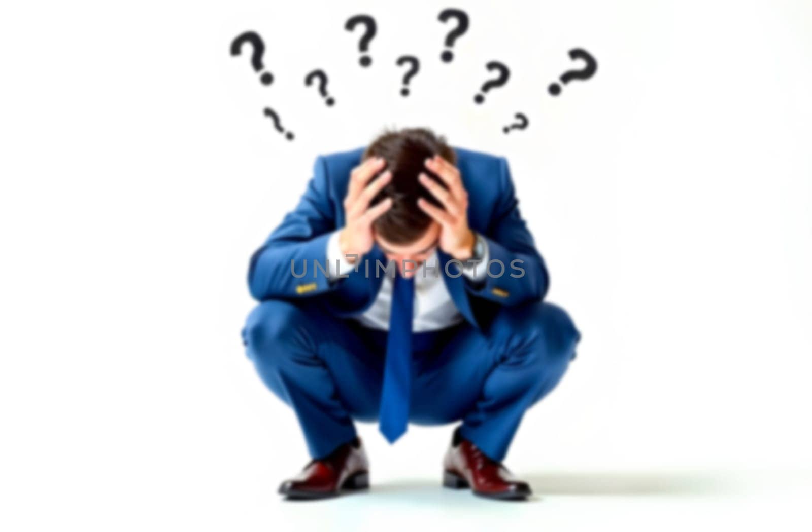 A professional appears distressed, squatting and holding his head, surrounded by question marks, symbolizing business-related uncertainties.. Blurred picture