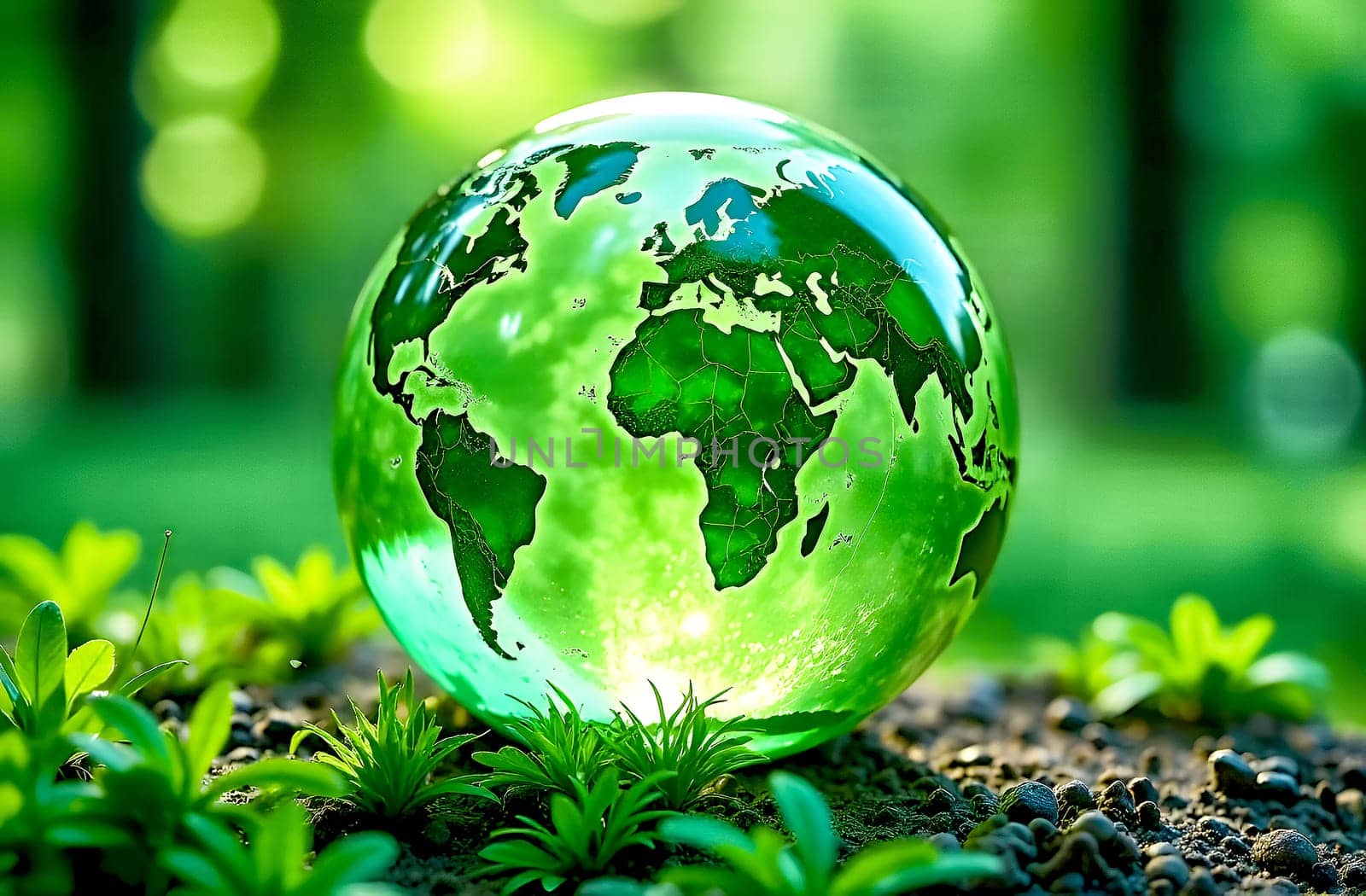The globe showcases environmental themes with a focus on ecology and renewable energy set against a backdrop of lush greenery.