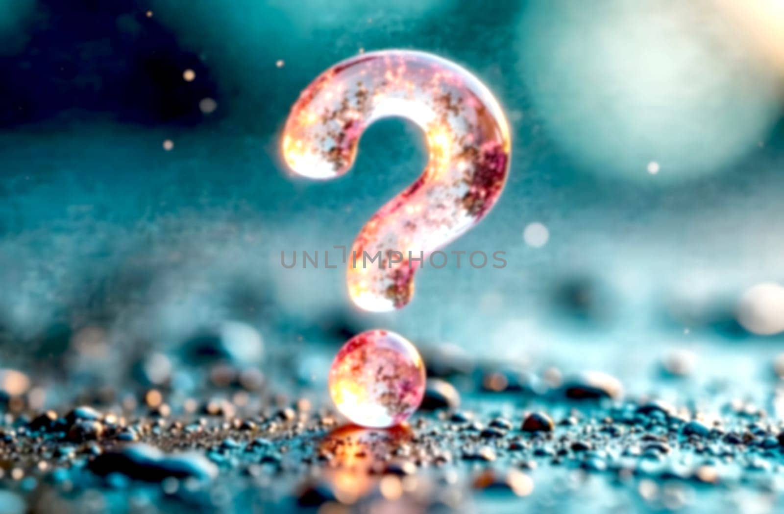 A colorful question mark hovers above a reflective surface, symbolizing curiosity, problems, and the quest for clarity in difficult situations.. Blurred picture