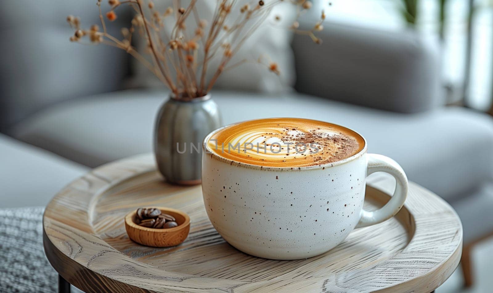 A crafted cup of rich coffee and a vintage vase on a wooden table, creating a serene and inviting atmosphere