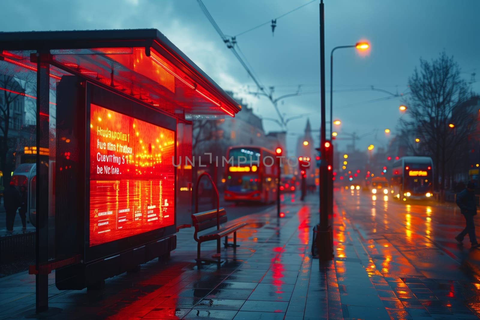 A colorful, glowing bus stop at night reflects on wet pavement, encapsulating the beauty of city life