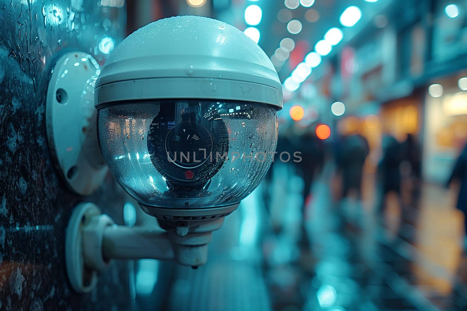 A closeup view of a surveillance camera capturing blurred city lights, highlighting critical themes of urban security