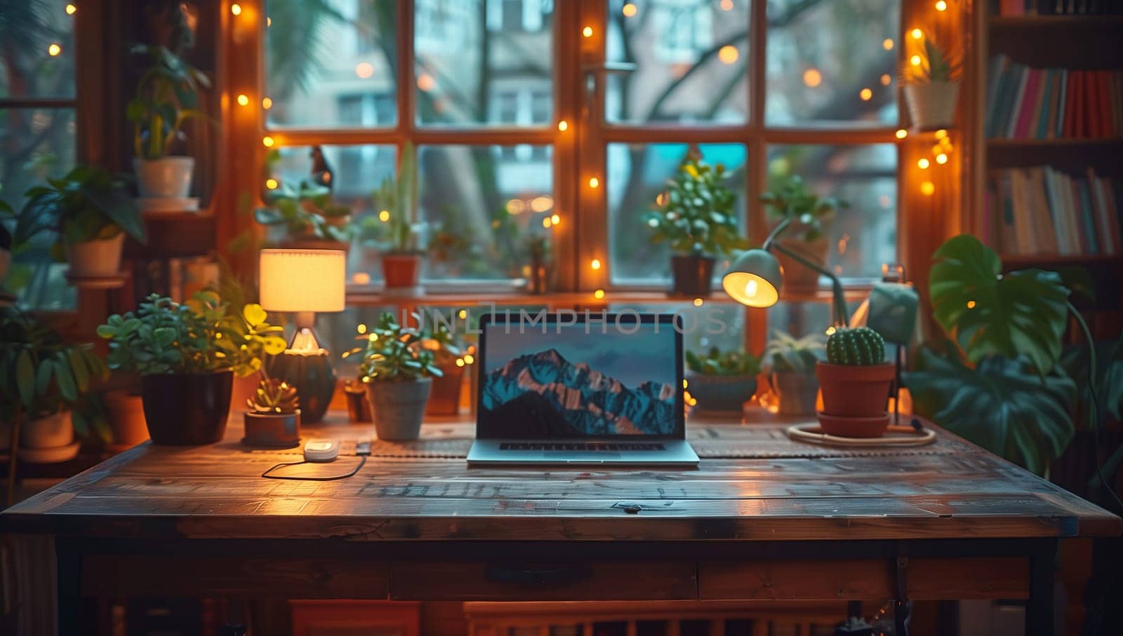 A serene workspace with greenery, warm lights, and a sleek laptop, ideal for creativity and productivity