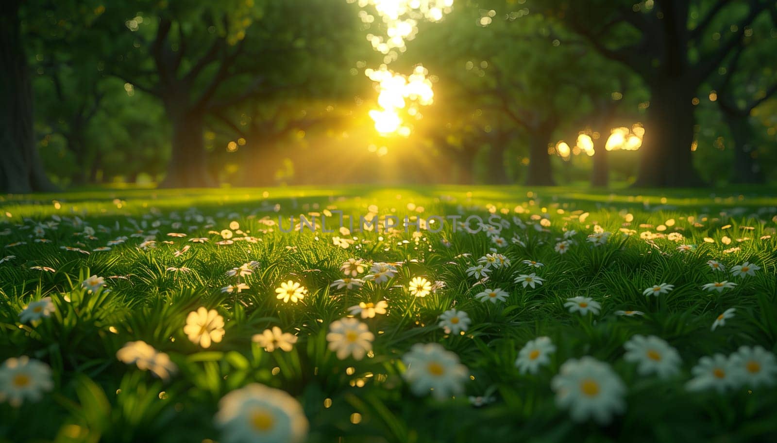 A peaceful and tranquil scene featuring vibrant flowers blooming and warm sunlight gently filtering through the trees
