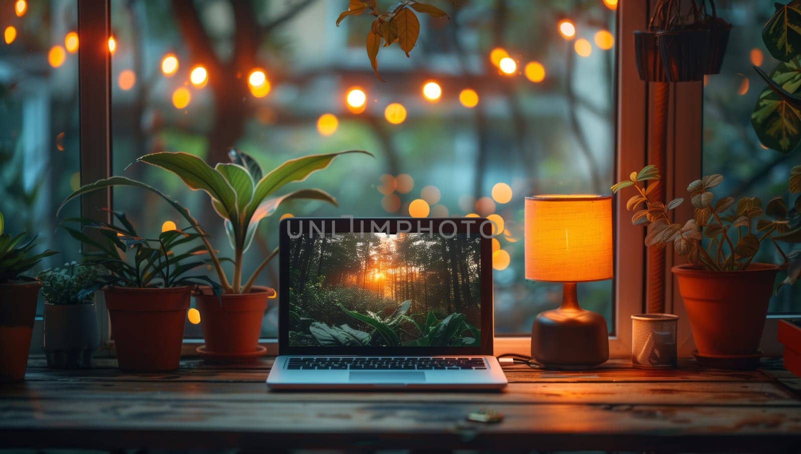 A serene workspace with a laptop, lush plants, and warm lighting, perfect for inspiration and motivation