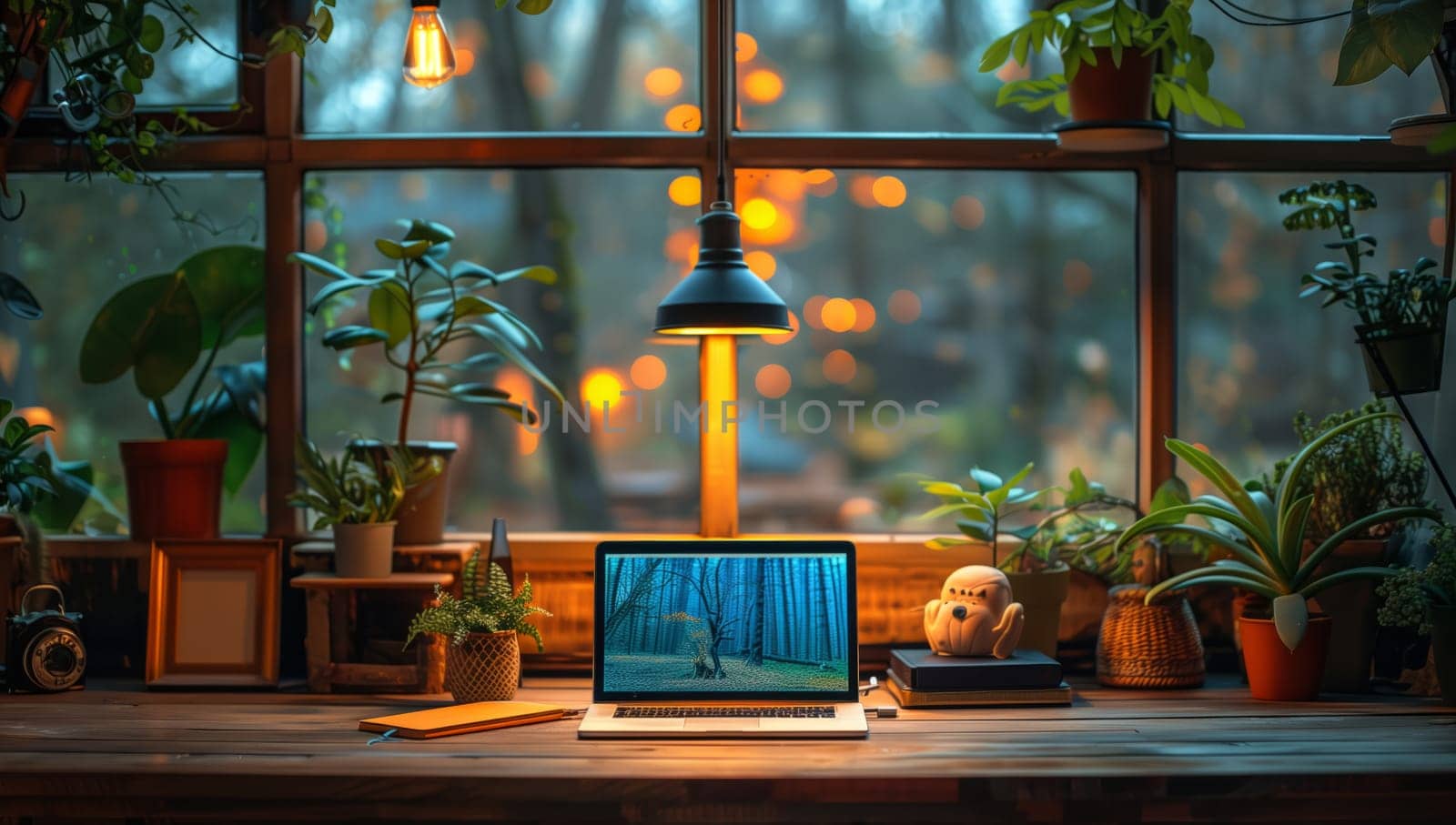 A serene workspace with a sleek laptop, lush plants, and soft lightingperfect for boosting creativity and focus