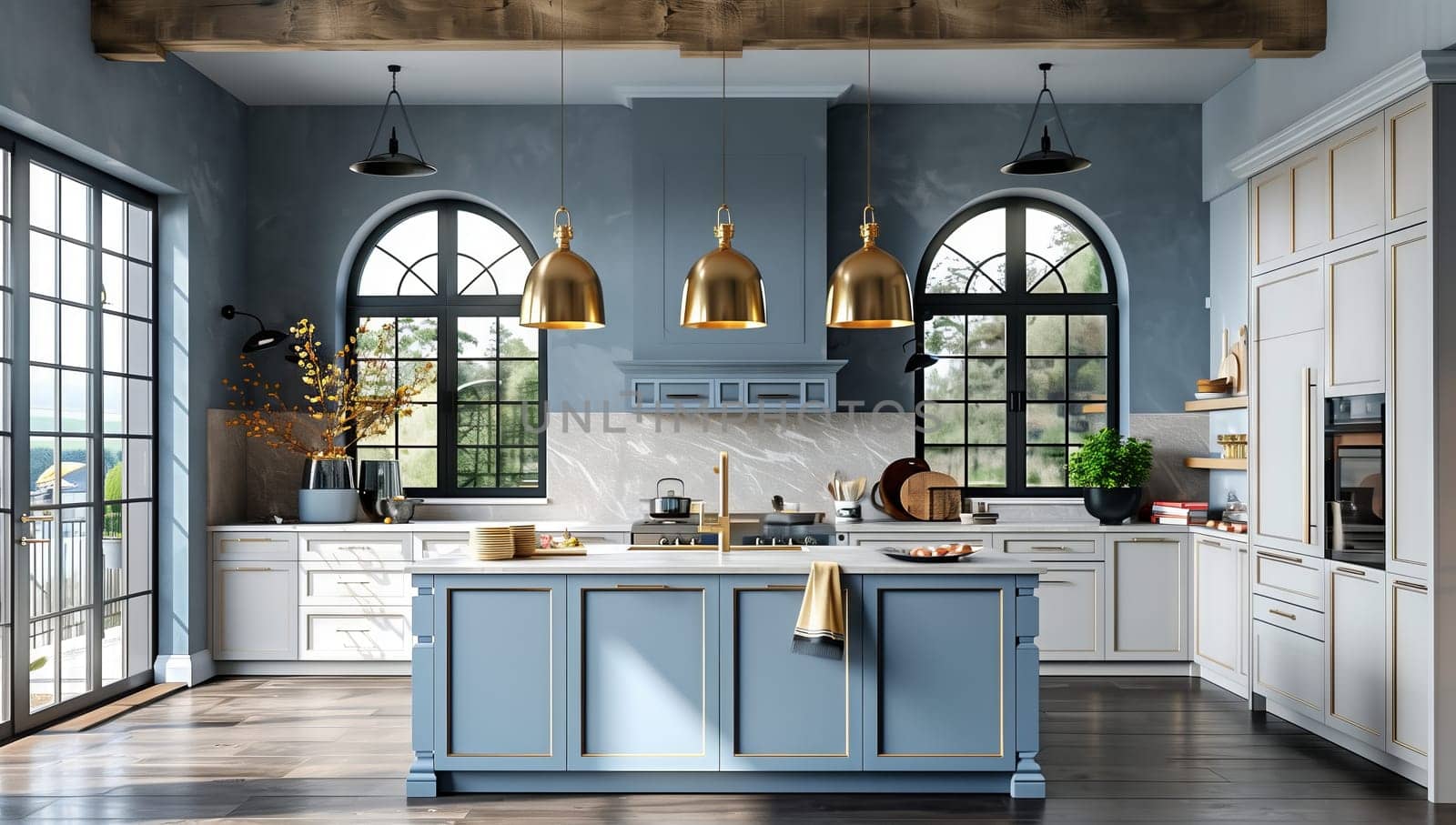 This chic, modern kitchen showcases a stunning blue island, elegant fixtures, and an abundance of natural light