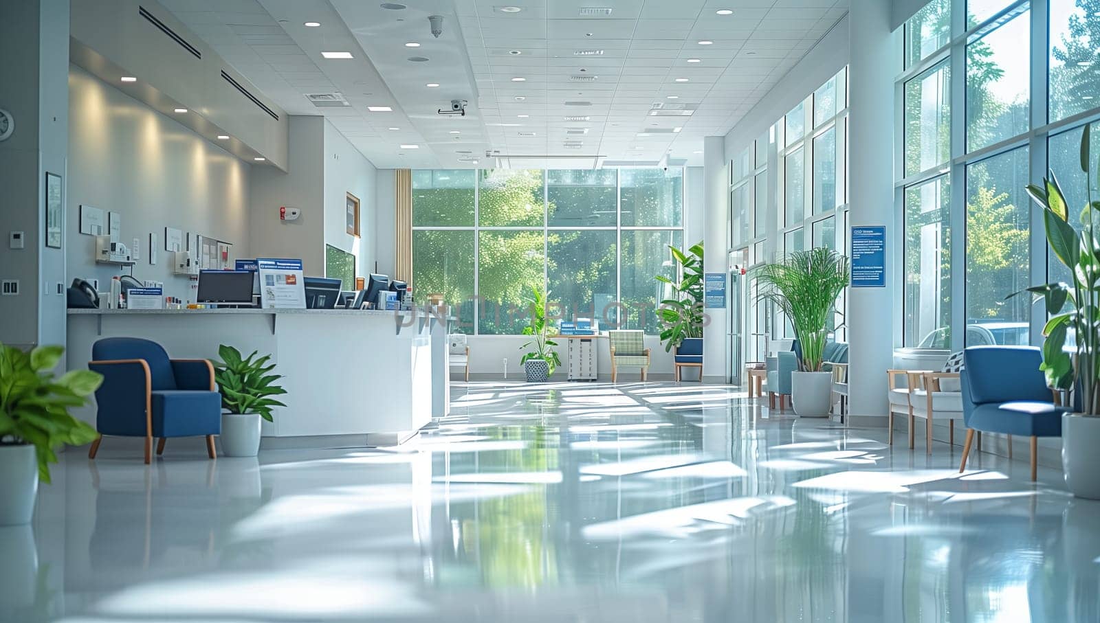 A serene hospital lobby with natural light, lush plants, and modern furniture, creating a welcoming atmosphere