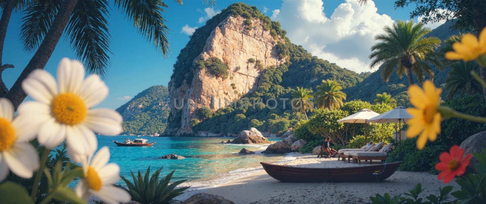 A beautiful beach scene with a boat and a few people. Scene is peaceful and relaxing