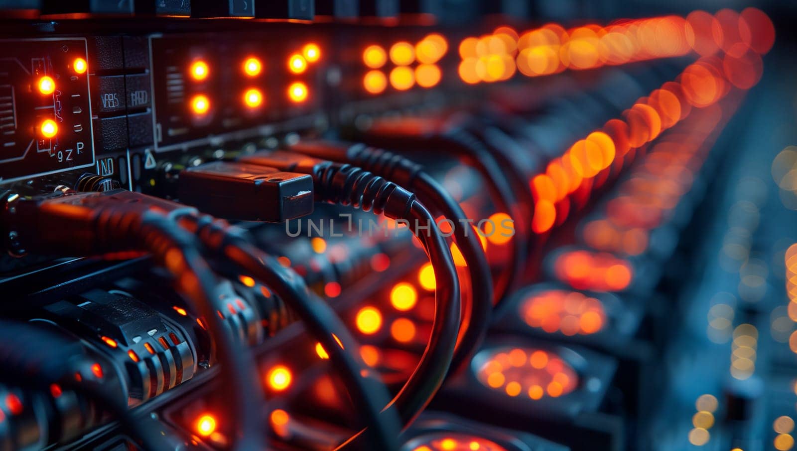 A detailed view of illuminated cables, connections, and the infrastructure within a modern data center