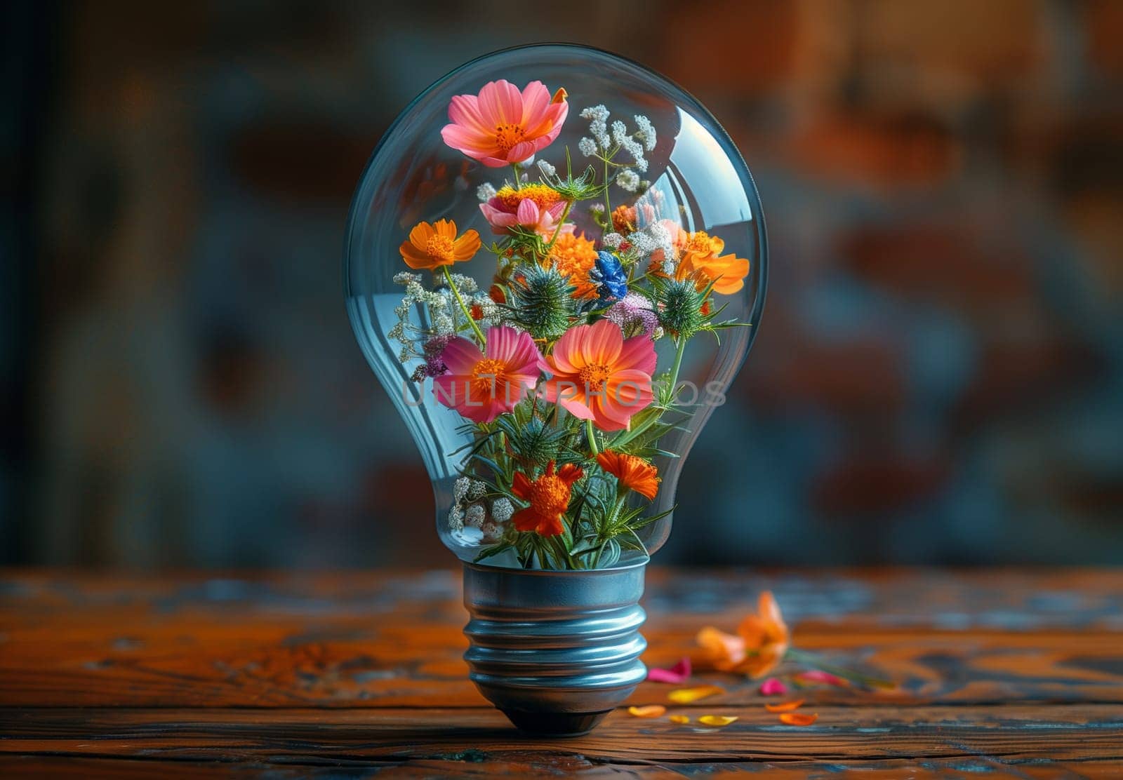 A vibrant arrangement of flowers creatively housed in a light bulb, symbolizing innovation and nature.