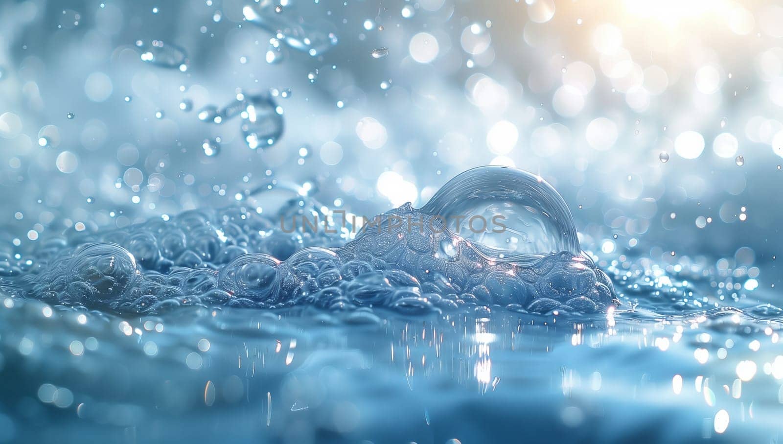 A stunning closeup of crystalline water droplets gracefully creating ripples and bubbles in a tranquil aquatic scene