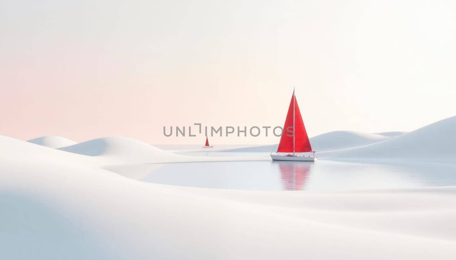 A red sailboat is floating on a calm body of water. The sky is clear and the sun is shining brightly, creating a serene and peaceful atmosphere