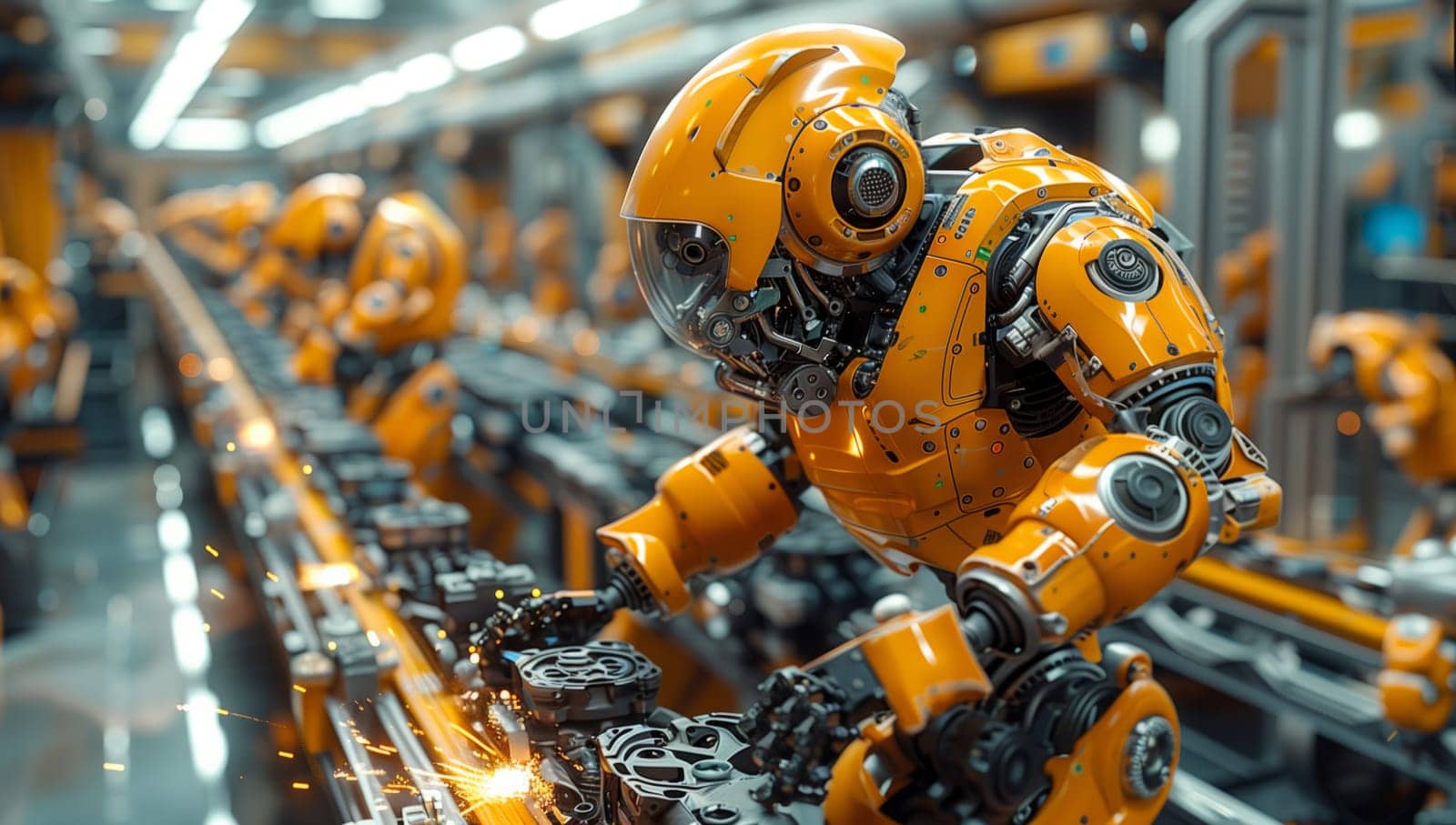 Automated robots efficiently and skillfully assembling complex machinery in a vibrant, lively industrial setting