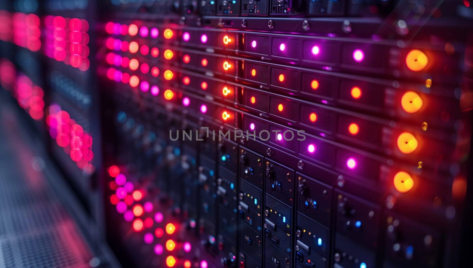 A detailed closeup view of server racks featuring bright, vibrant LED indicators that showcase data activity