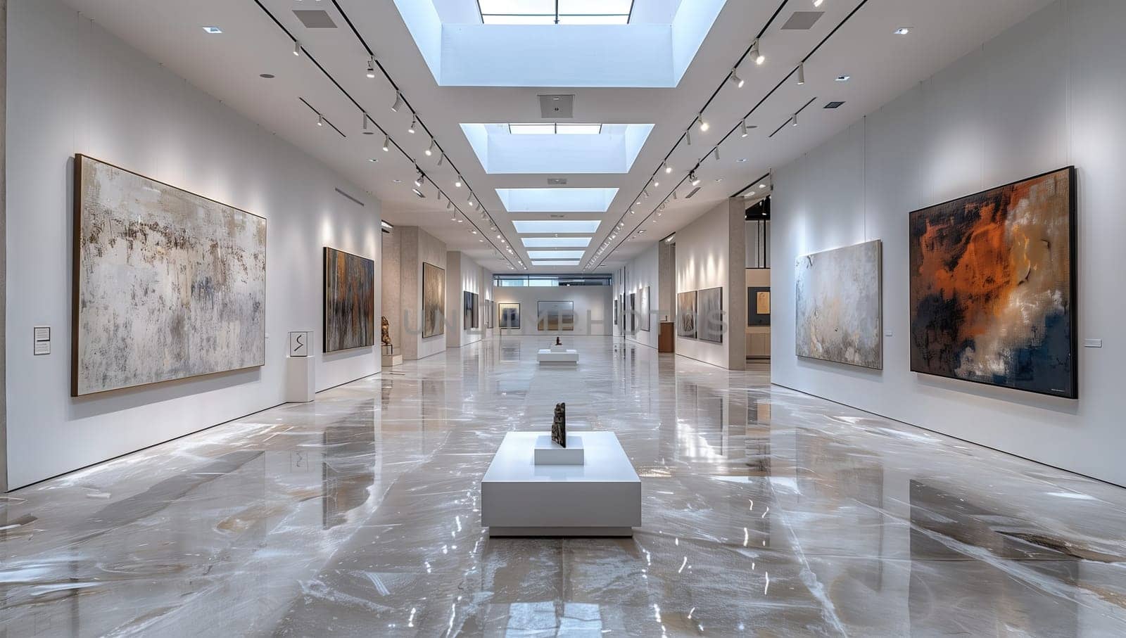 A spacious and modern art gallery that features a diverse collection of abstract artwork and a reflective marble floor