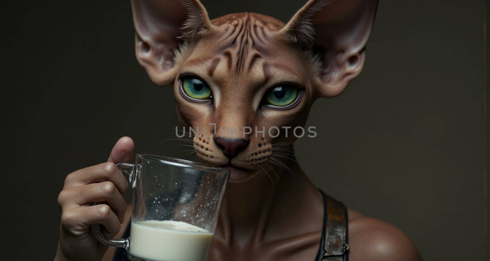 A woman is holding a cup of milk and has a cat's face on her. The cat's face is made of clay and is drinking the milk. The image has a playful and whimsical mood