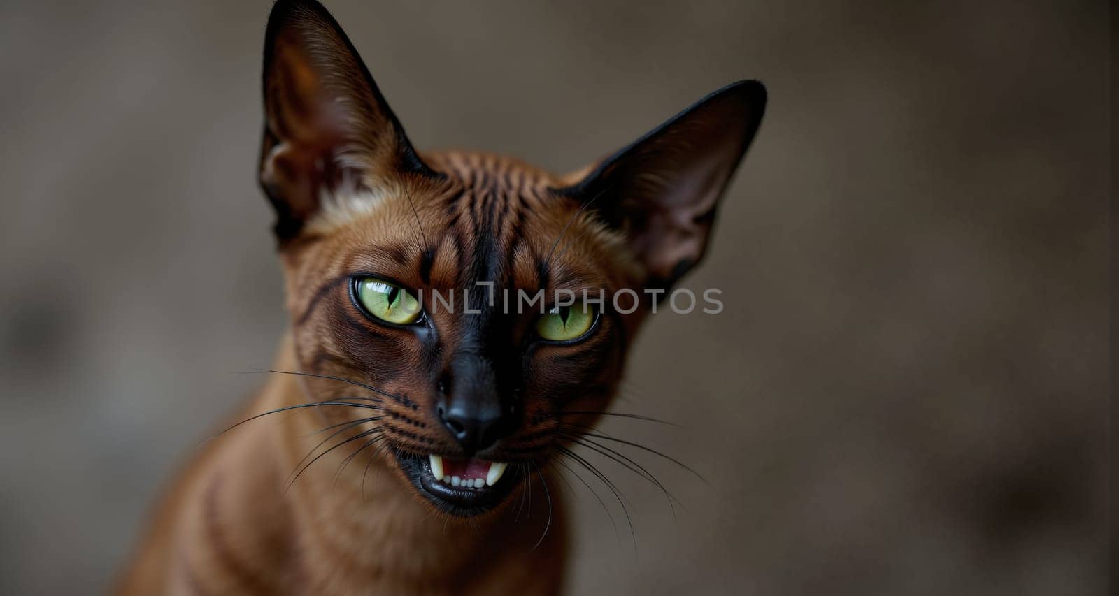 A cat with green eyes and a black nose is looking at the camera. The cat has a black mouth and is making a funny face
