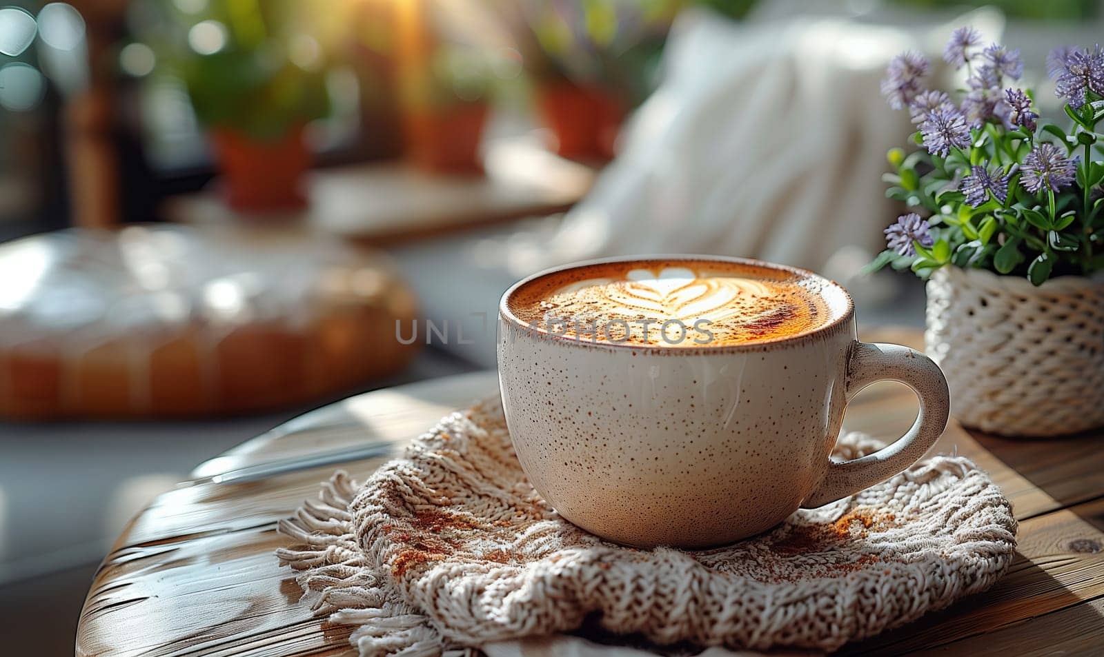 A beautifully styled coffee cup, elegantly surrounded by lush greenery and cozy home decor elements