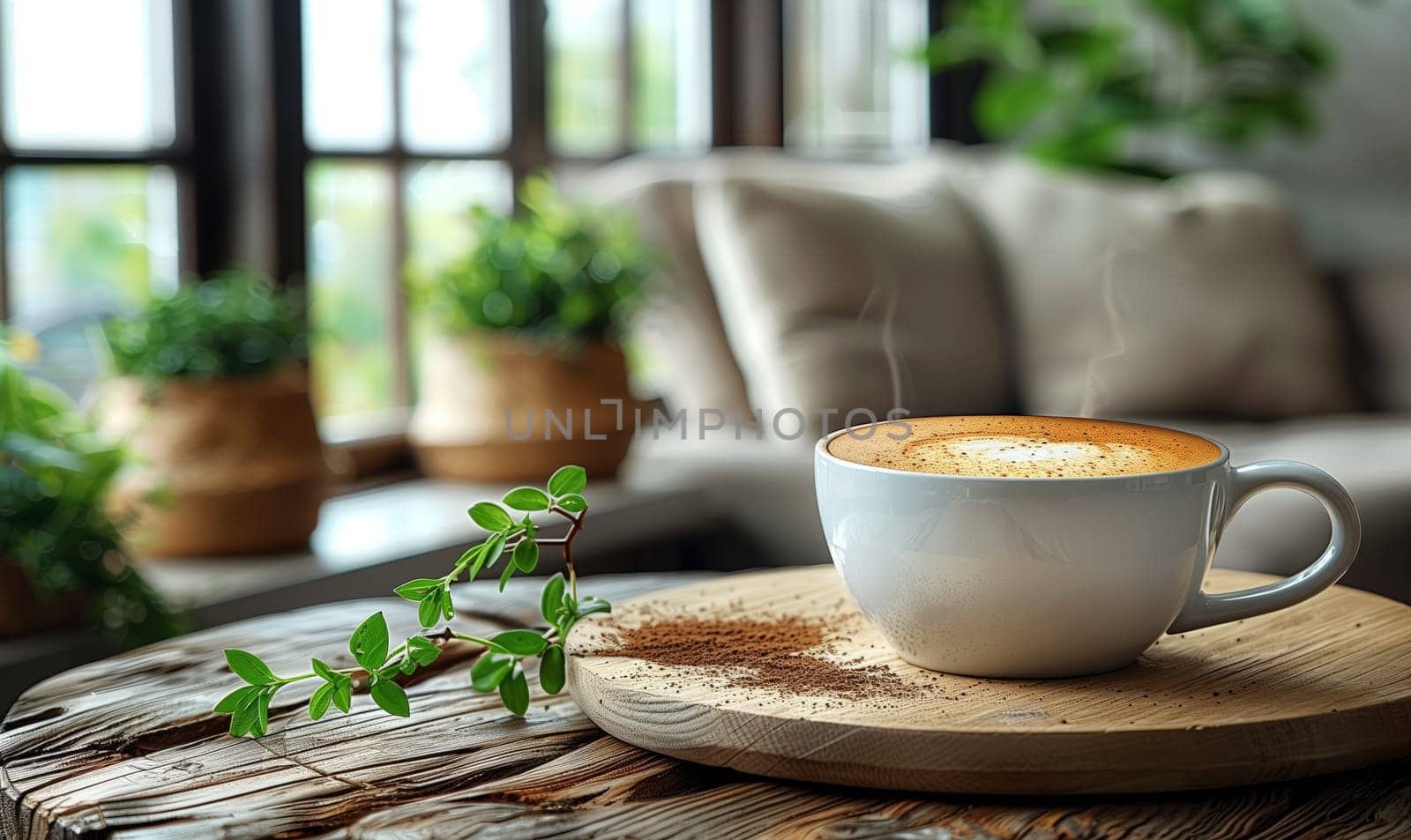 A tranquil coffee moment featuring a steaming cup placed on a rustic wooden table, embraced by lush greenery all around