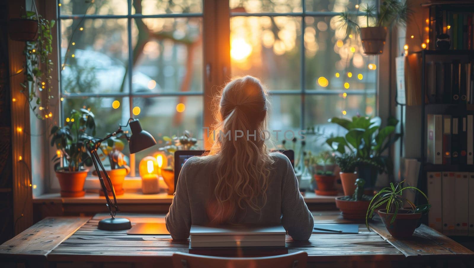A serene workspace with a stunning sunset view, flower pots, and a warm ambiance that inspires deep reflection