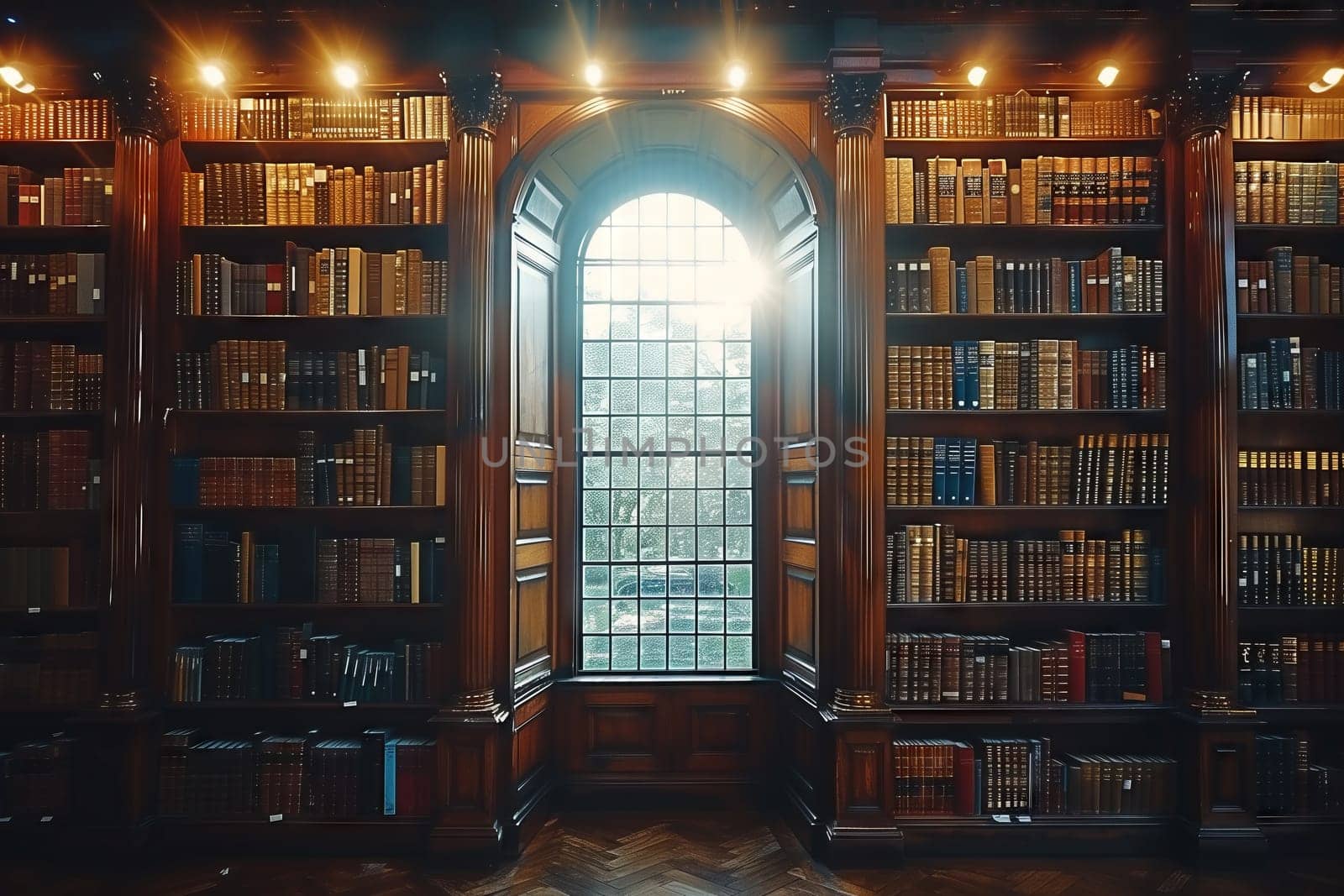 A stunning library that features exquisite wooden shelves, an array of vintage books, and a beautiful window