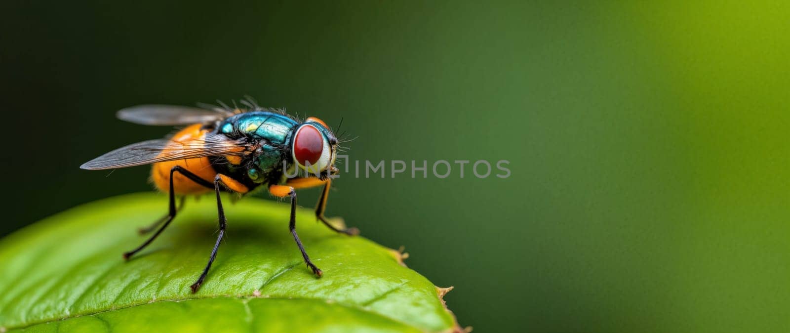 A fly is on a leaf. The fly is orange and black. The leaf is green
