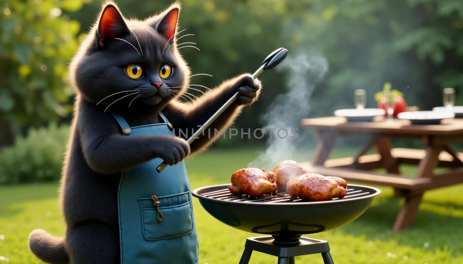 A cartoon cat is cooking food on a grill. The cat is wearing an apron and holding a spatula. The scene is set outdoors, with a table and chairs nearby