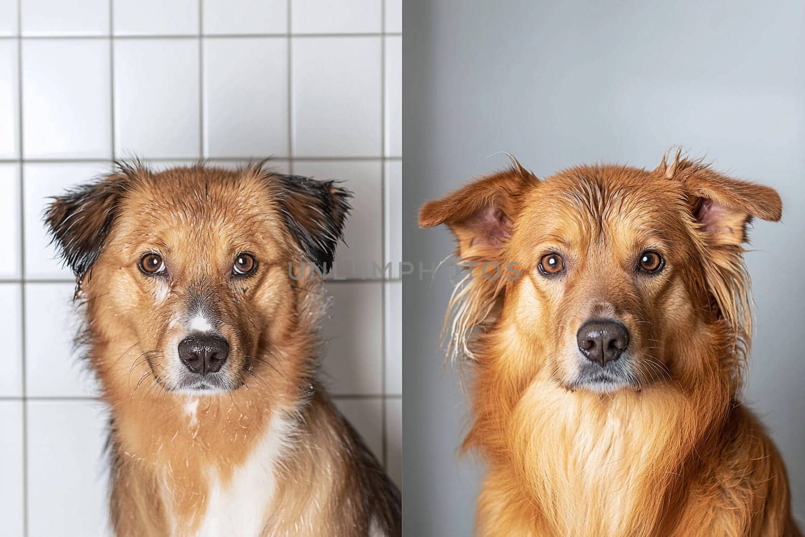 A dog is being groomed with its fur transitioning from wet to dry in a salon setting.