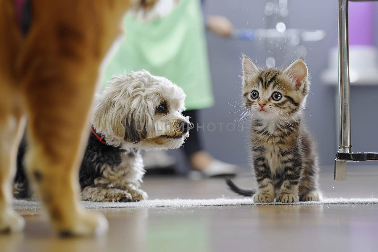 A small dog and curious kitten engage during a grooming session inside a cozy pet salon.
