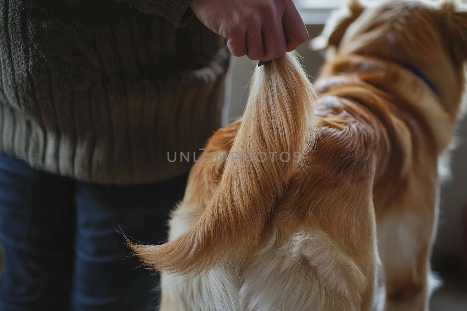 A person gently holds a dog's tail while grooming it indoors, ensuring a comfortable experience.