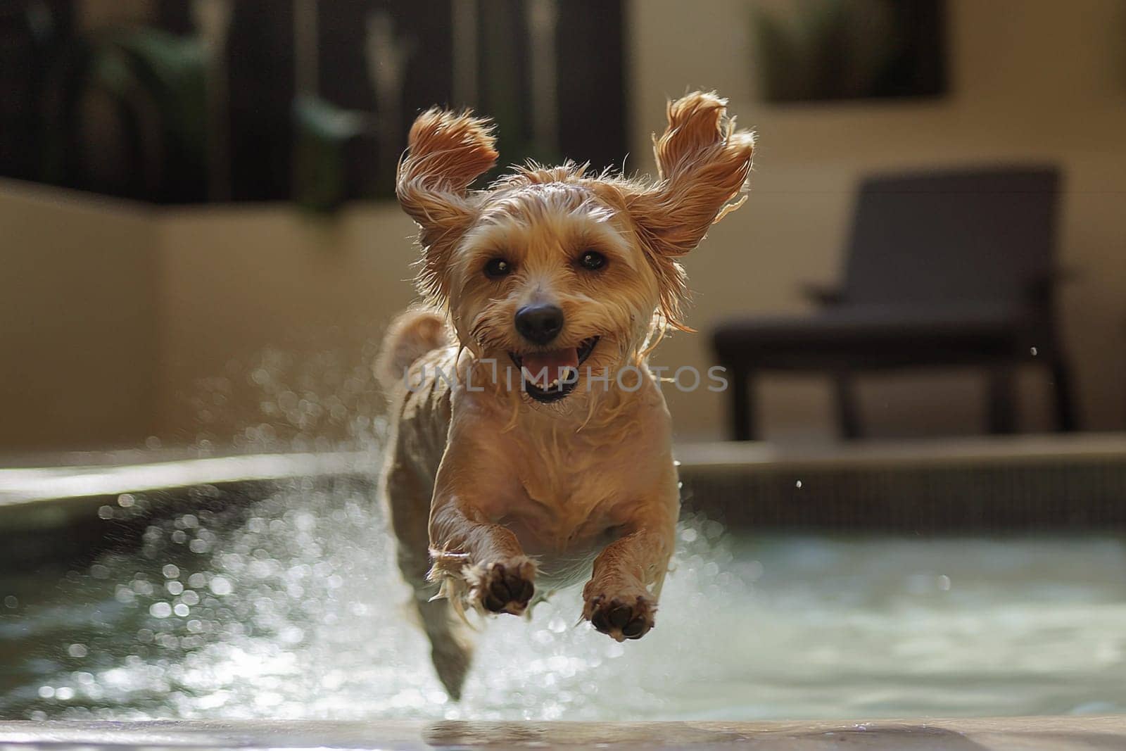 Dog joyfully jumps and splashes water while being groomed in a bright, outdoor space.