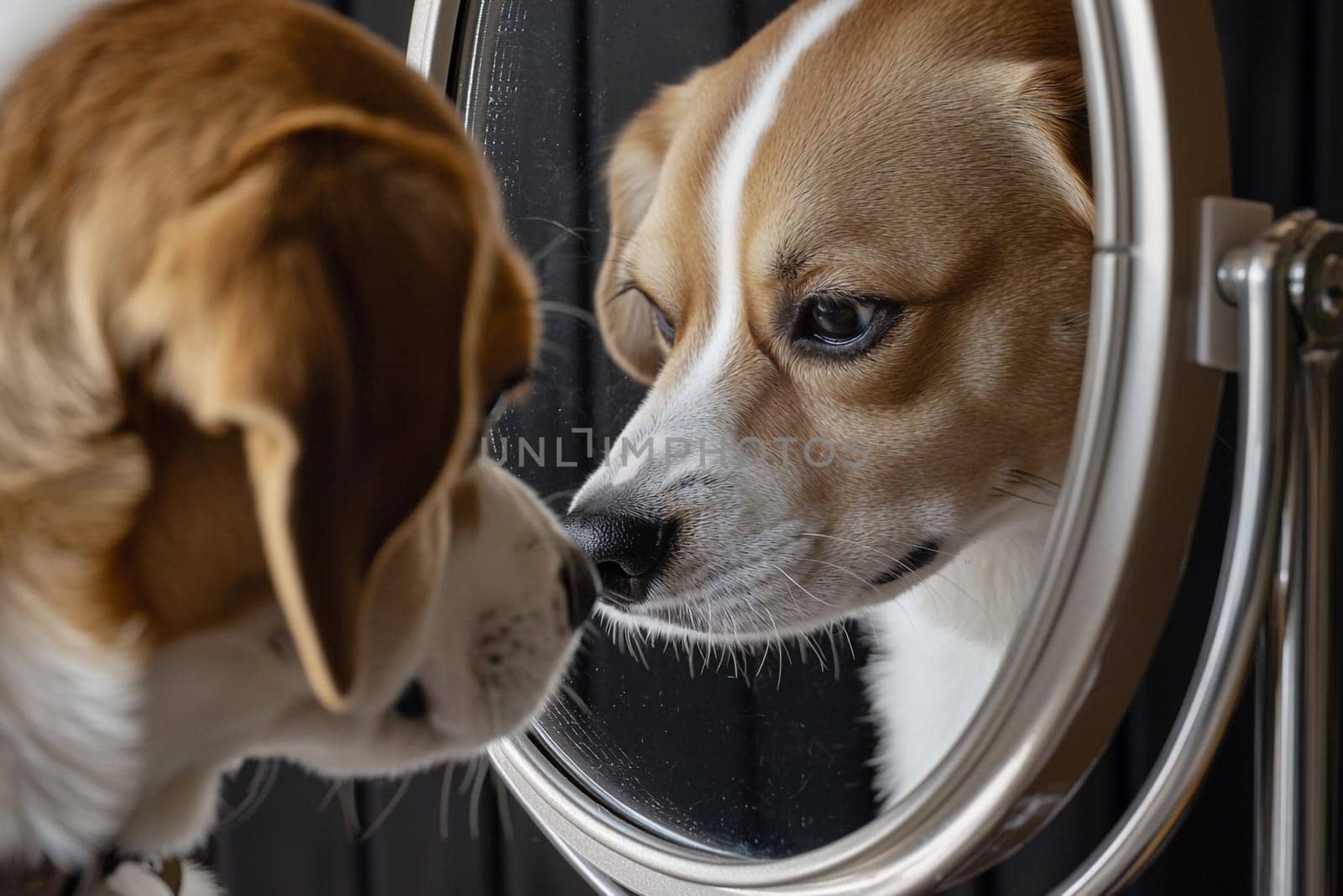 A dog examines its reflection in a mirror while being groomed, enjoying the moment.