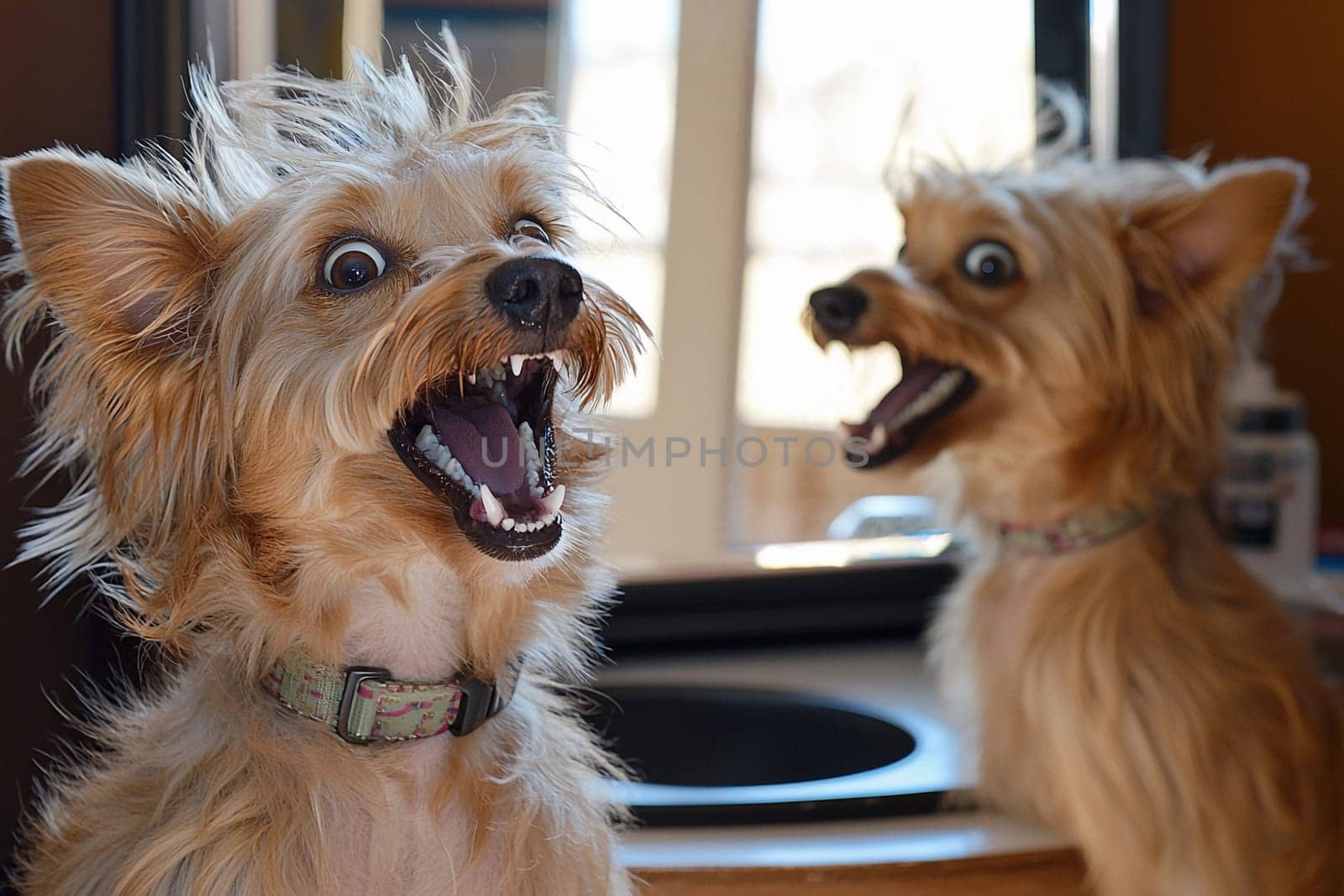 Two small dogs appear excited during a grooming session in a cozy salon.