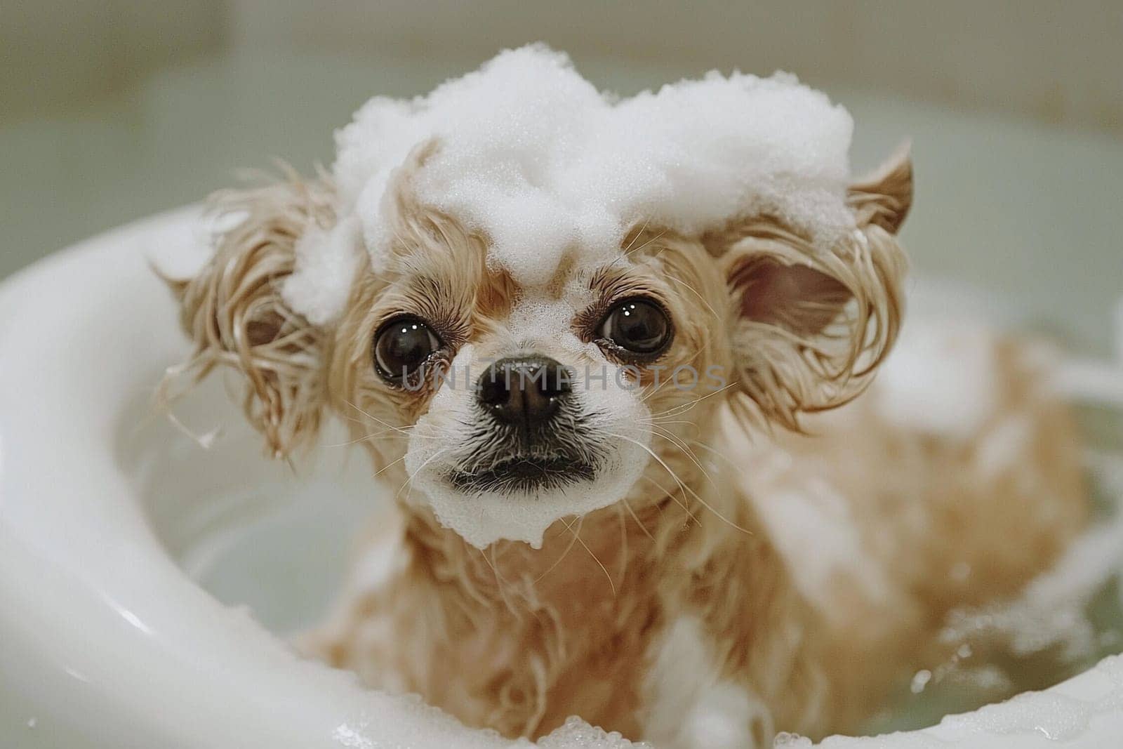 A small dog with foam on its head is in a bath getting groomed, looking calm and content.