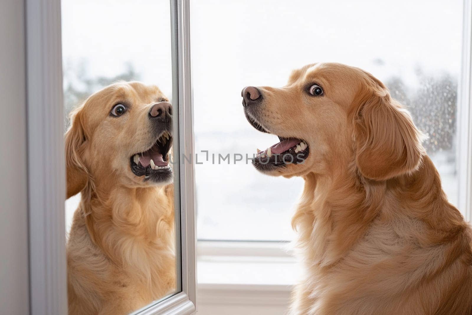 A golden retriever enjoys grooming while gazing at its reflection in a mirror, displaying curiosity.