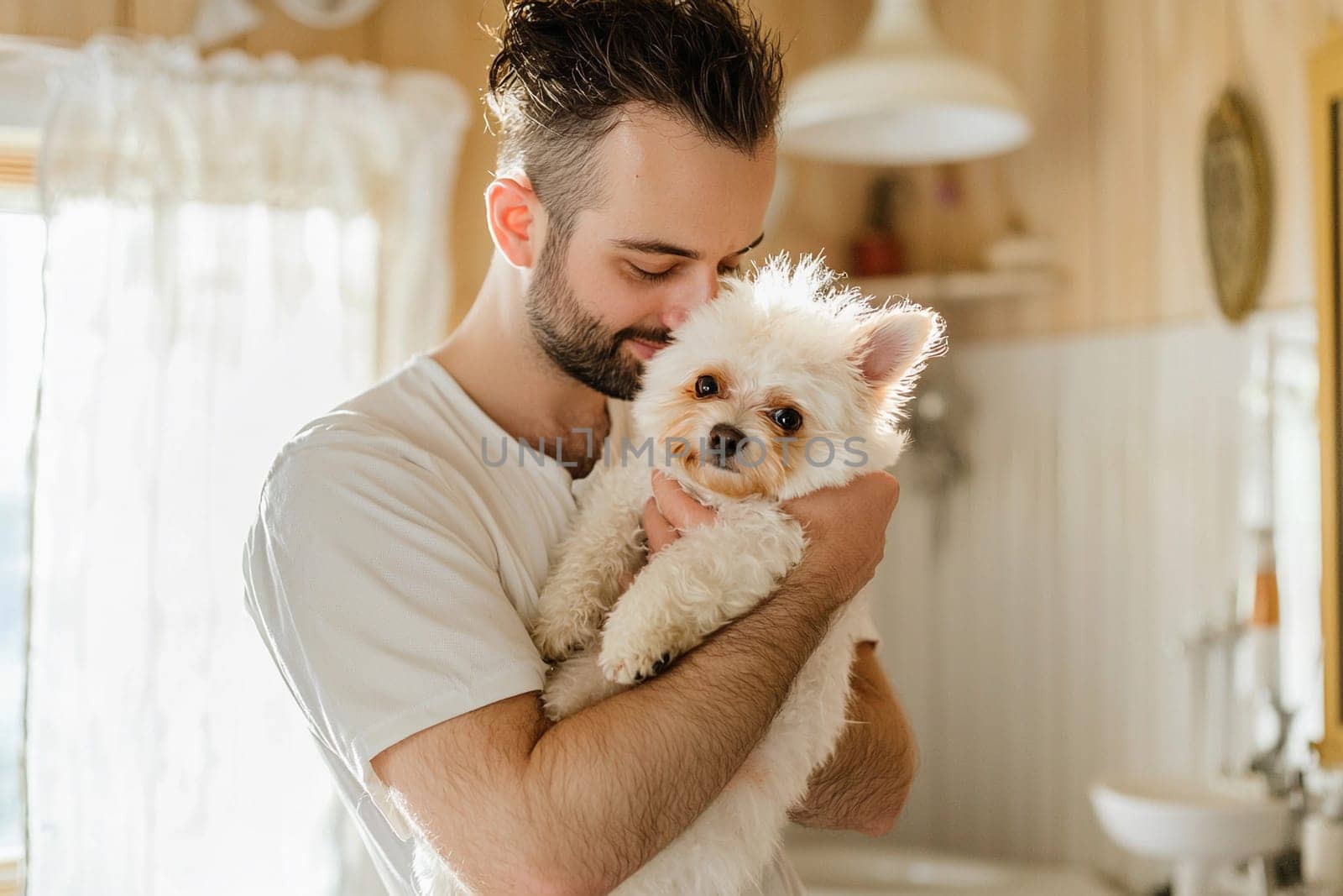 A man joyfully holds a fluffy dog while engaging in grooming activities in a well-lit bathroom.