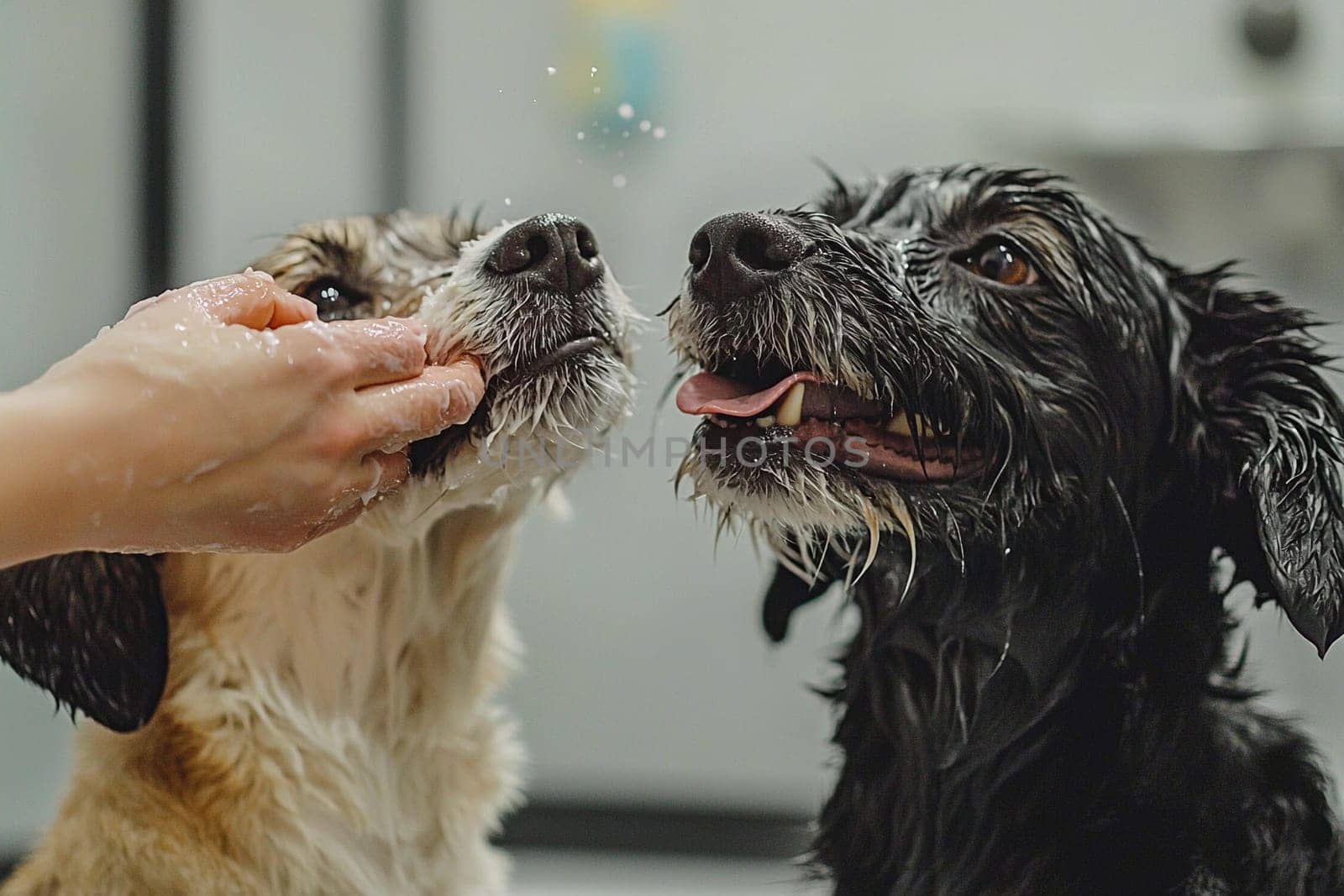 A person gently washes two dogs in a pet grooming facility, ensuring cleanliness and comfort.