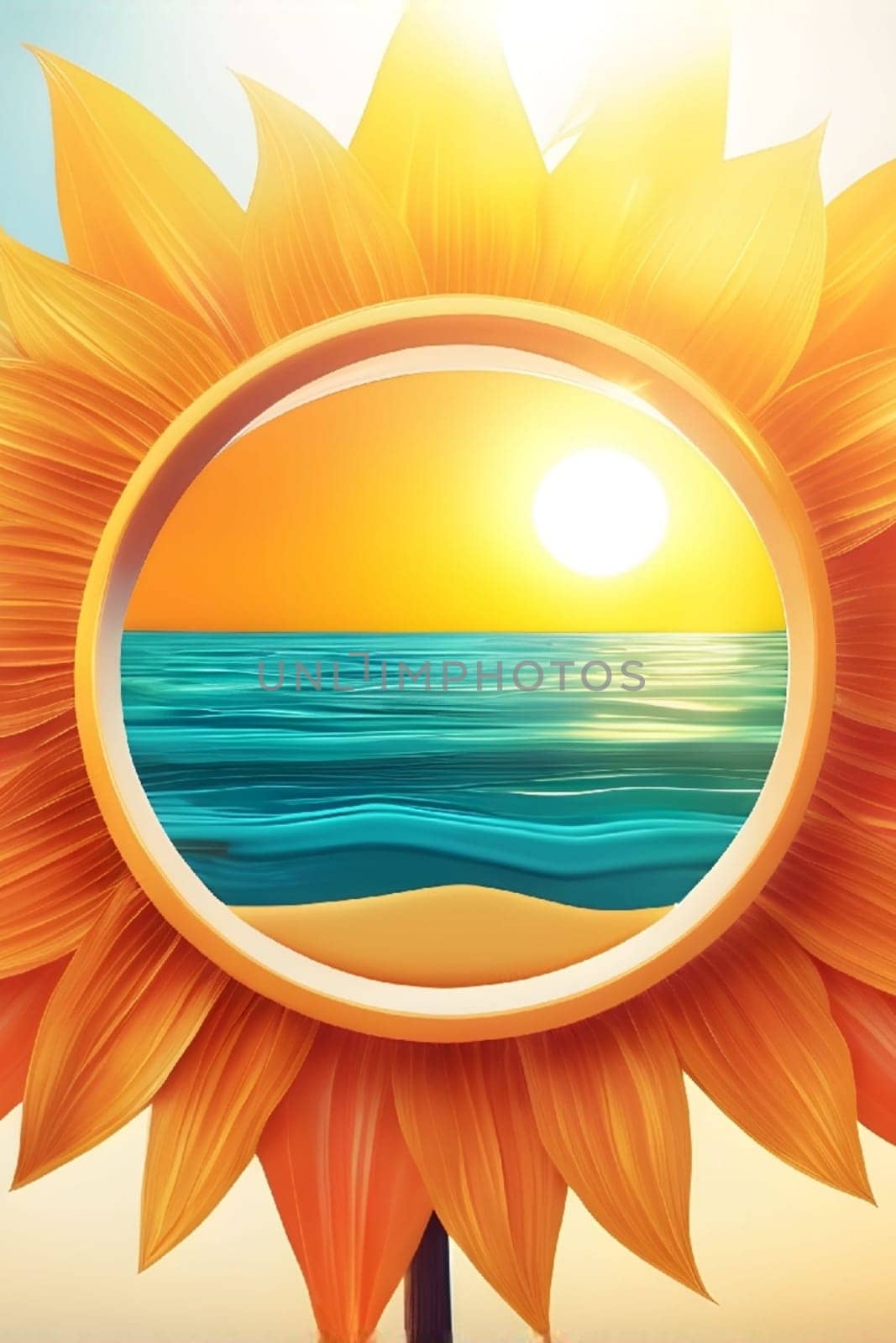 sun sea summer rest logo tourism yellow blue sky generated ai alt illustration . High quality illustration round shape sunflower